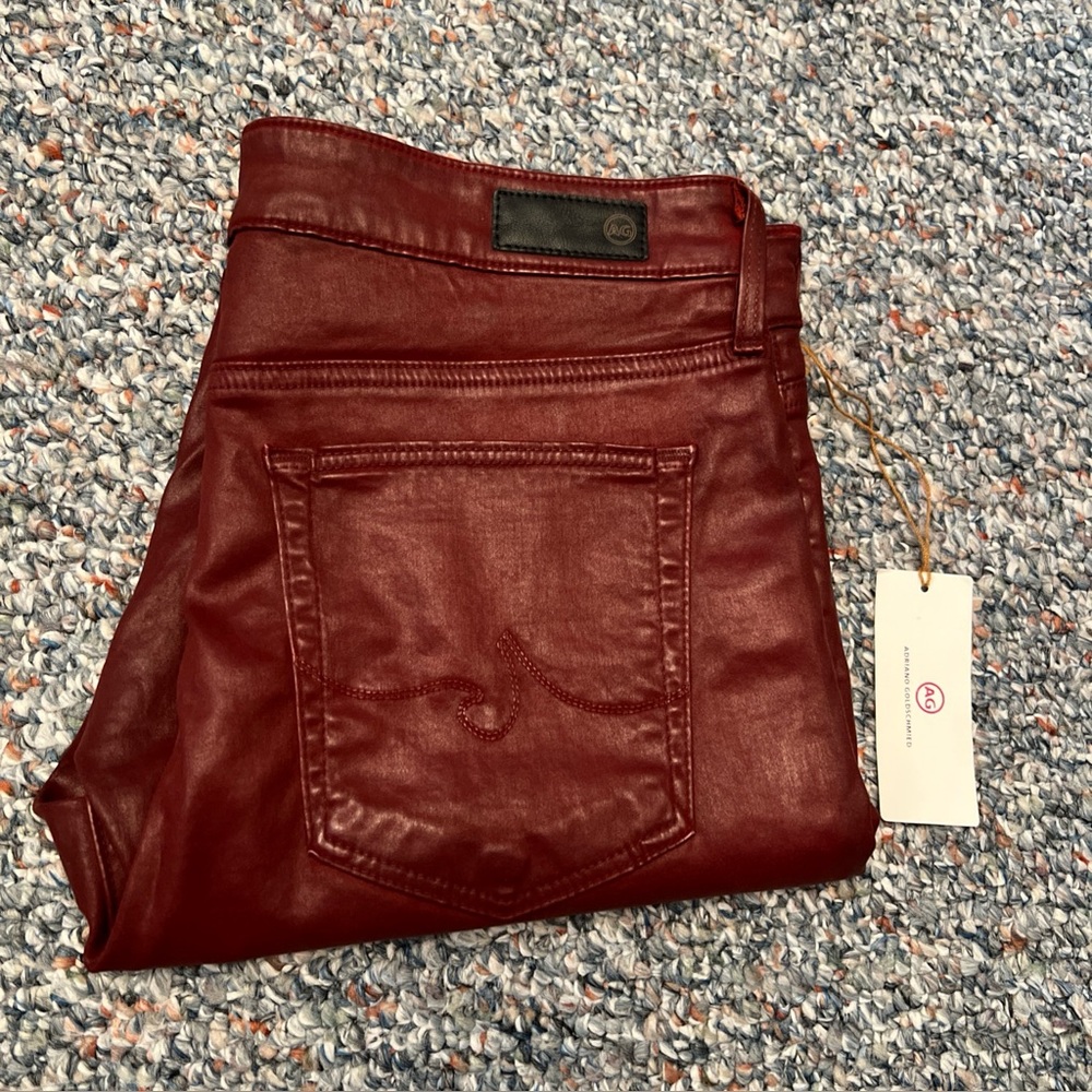 Women’s Ag Adriano Goldschmied Burgundy Coated Jeans 32x38 Farrah ankle. NWT 🔥